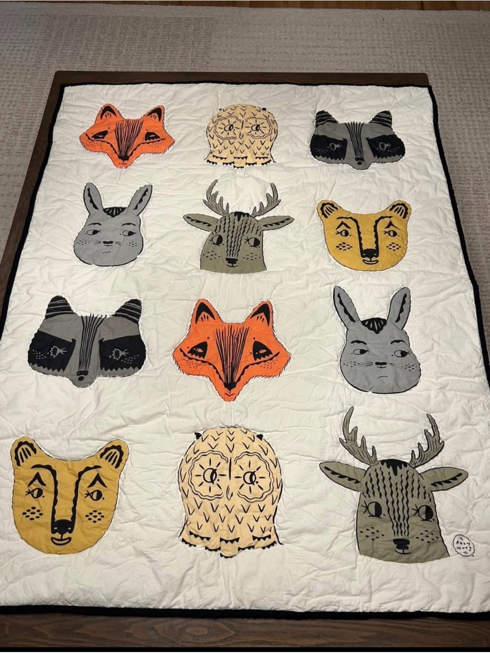 Crate&Barrel Cream Quilt with Orange, Yellow, Gray, Green and Black Animal Faces